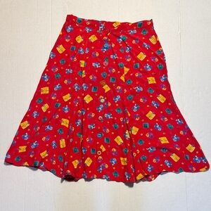 JANICE McCARTY Vintage Red Midi Skirt Cafe‎ Novelty Print Eclectic Buttons M